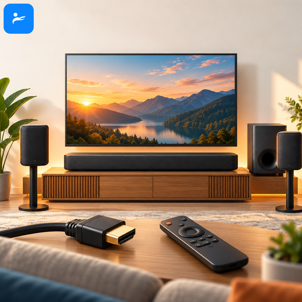 電視音響選購 FAQ 圖示,包含 HDMI、遙控器、Soundbar、重低音與環繞喇叭