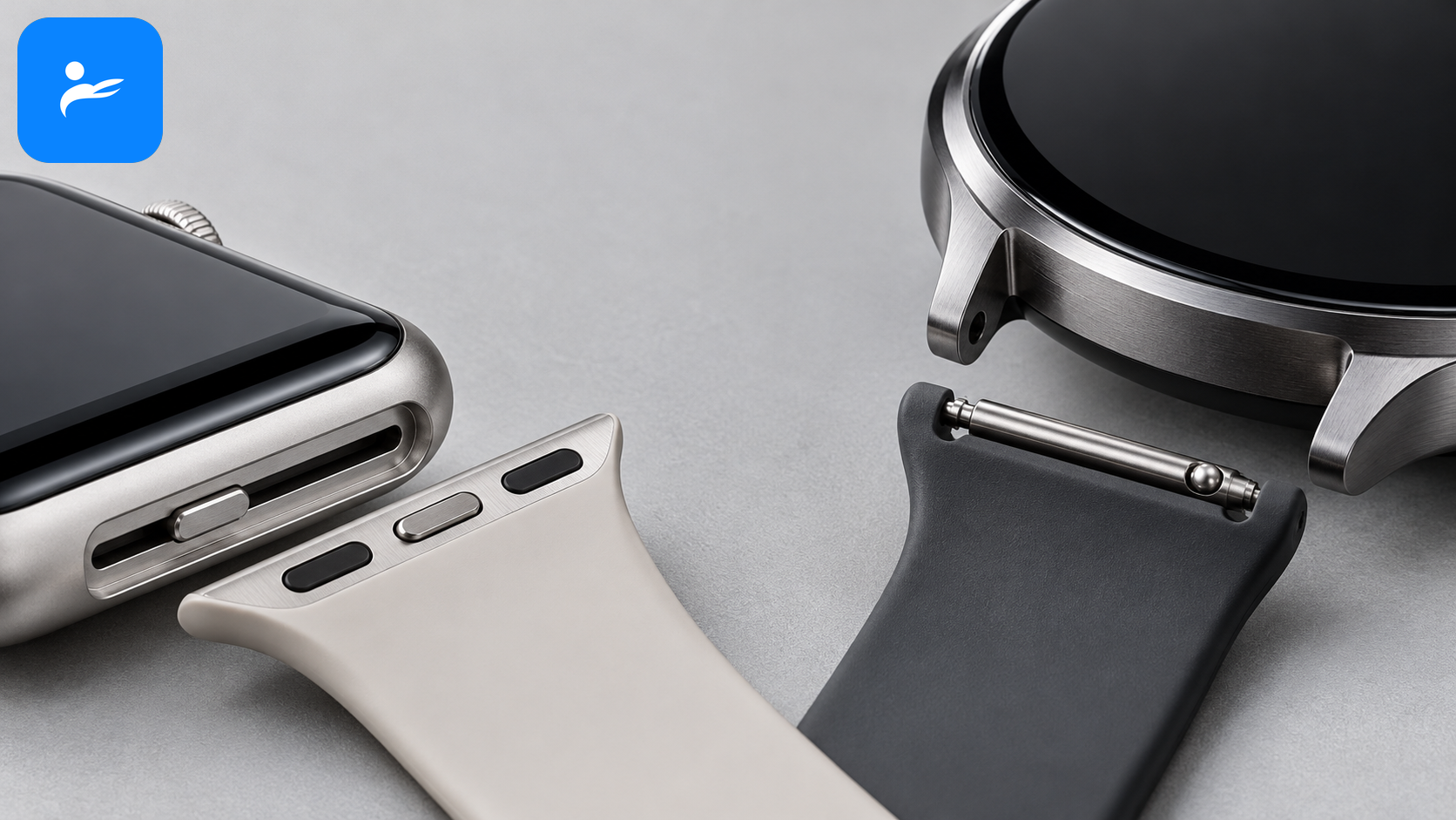 Apple Watch 專用滑軌接頭與 Galaxy Watch 錶帶接頭的近距離比較圖