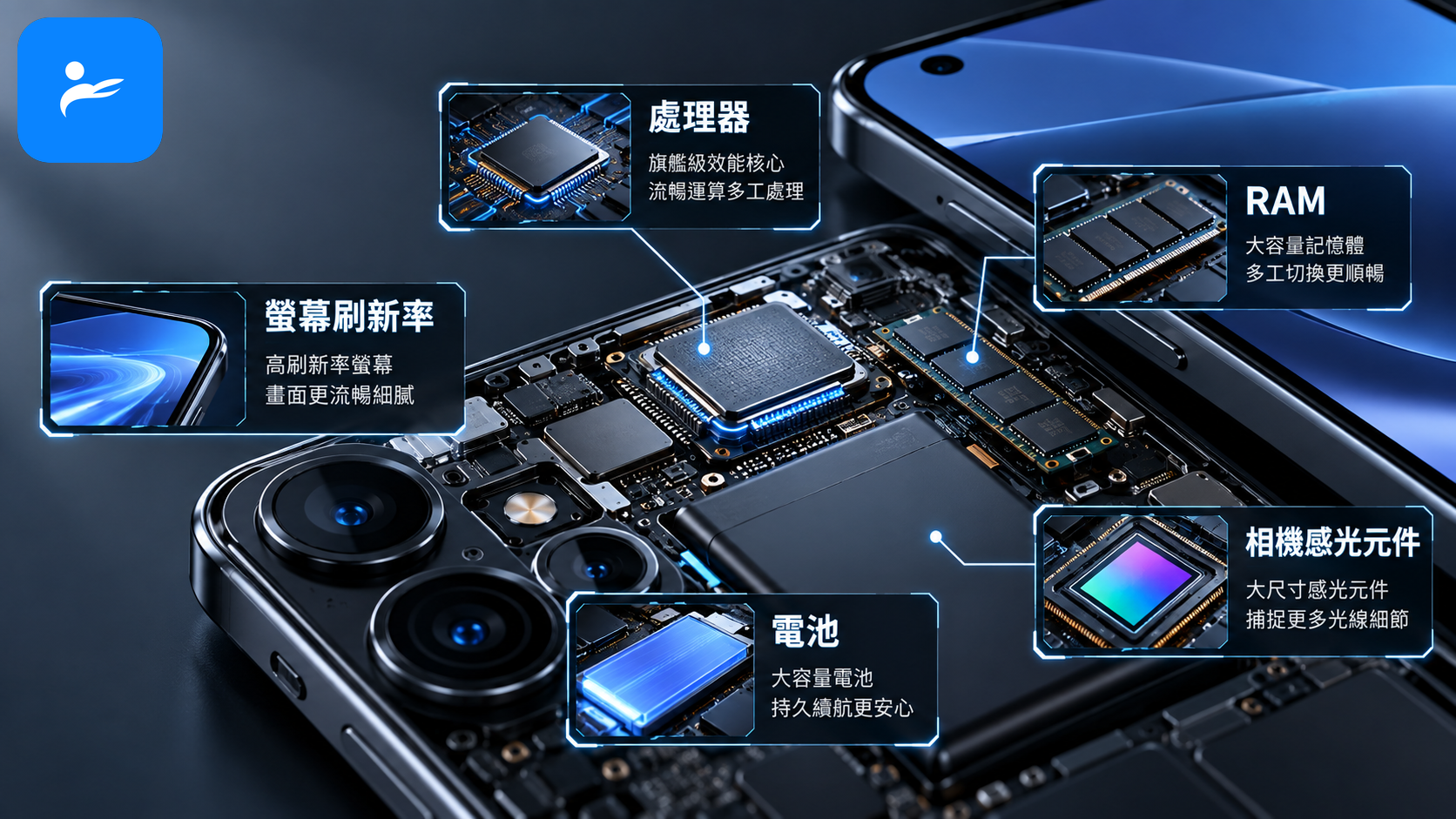 手機規格表特寫,標出處理器、RAM、螢幕刷新率、電池與相機感光元件