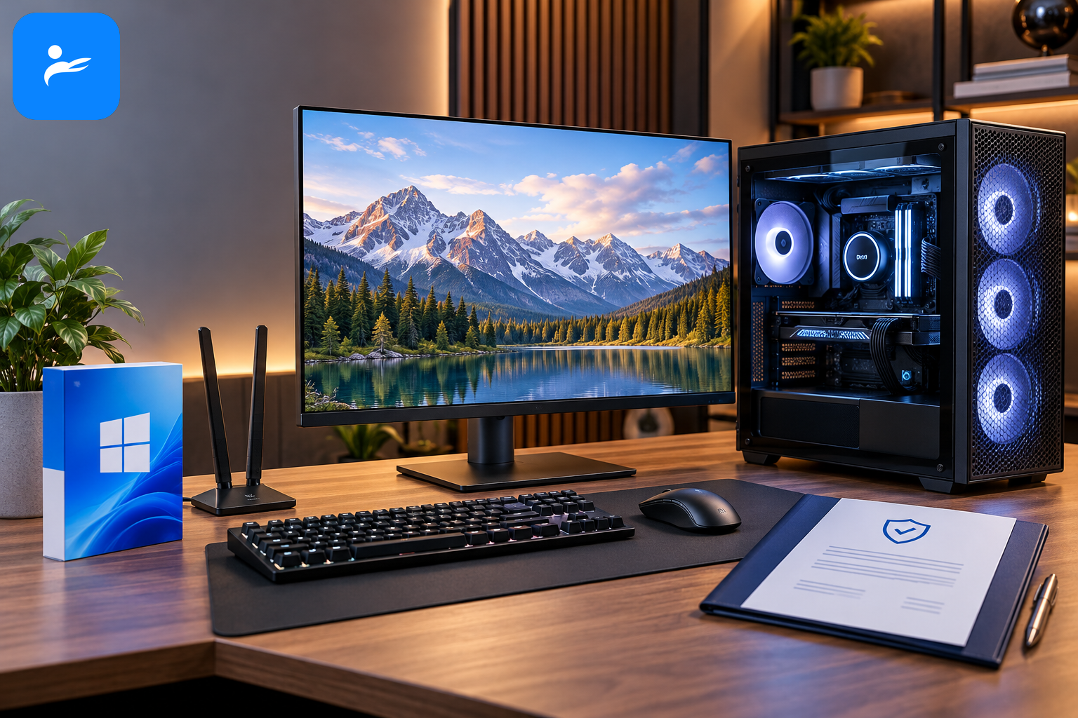 桌上型電腦旁放著 Windows 盒裝、螢幕、鍵盤滑鼠、Wi-Fi 天線與延長保固文件