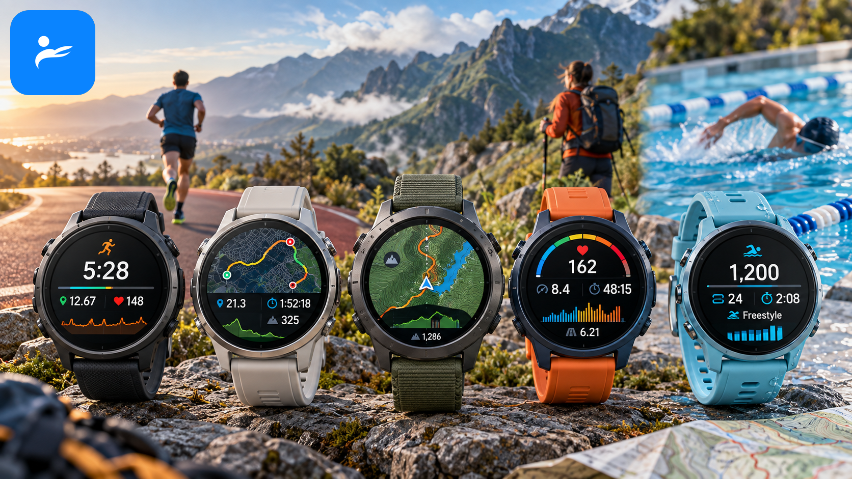 五款 2026 GPS 運動手錶排列比較,畫面顯示跑步、登山地圖與游泳數據