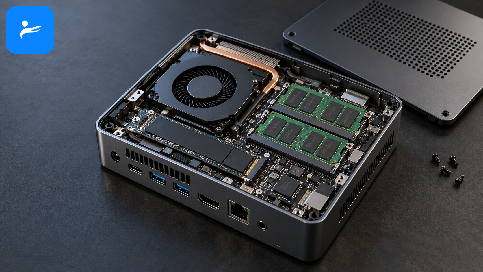 拆開 Mini PC 上蓋,展示 SO-DIMM 記憶體、M.2 SSD、散熱風扇與各種連接埠