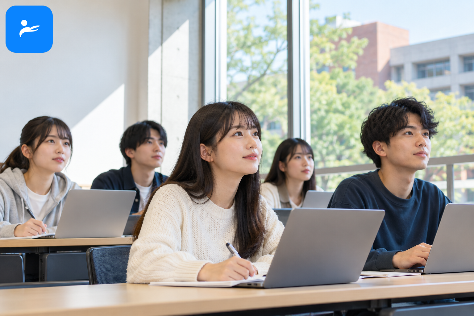 台灣大學生在教室使用輕薄筆電做筆記與參加線上課程