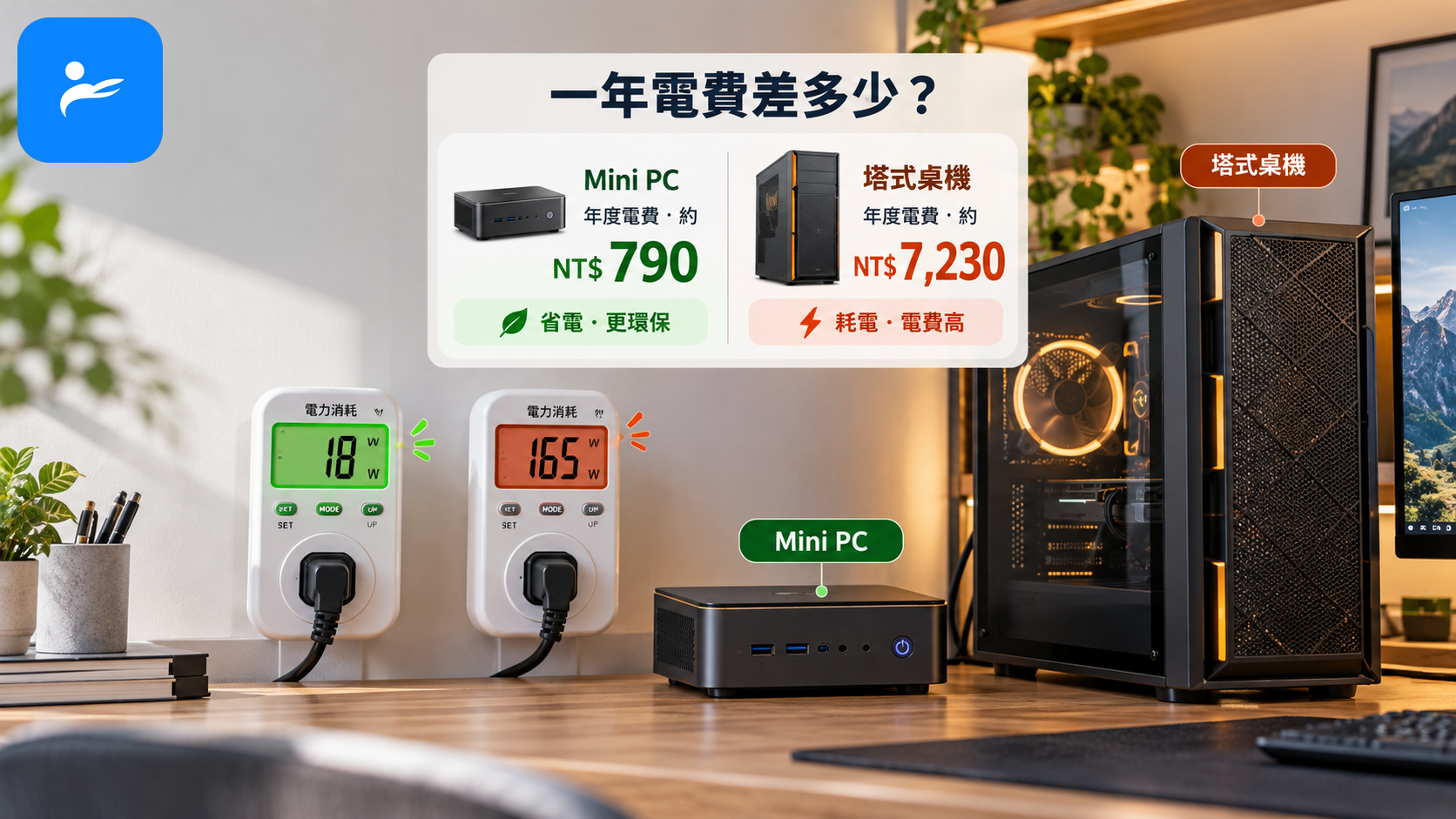 電力計量插座顯示 Mini PC 與塔式桌機不同耗電量,旁邊列出年度電費