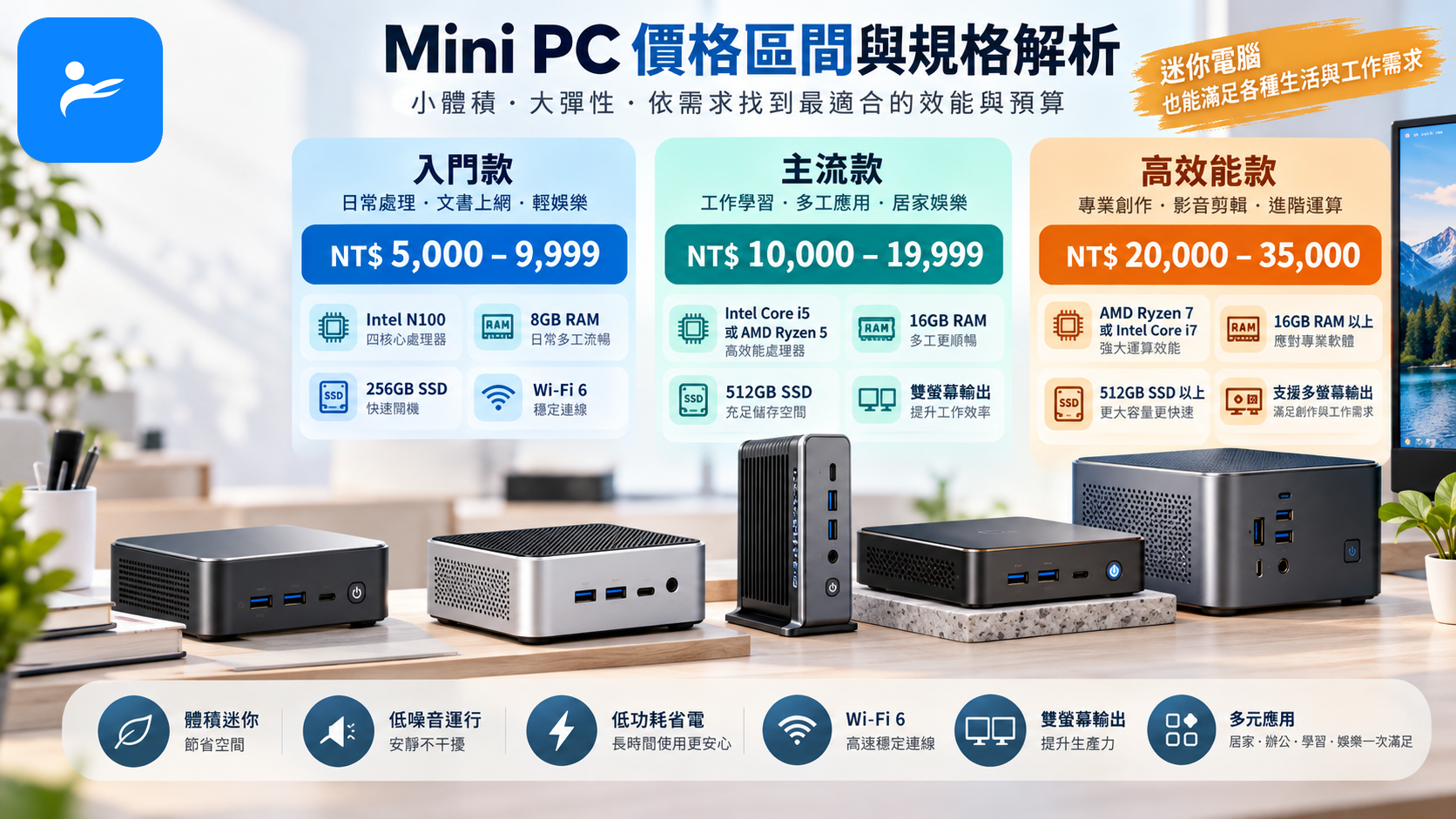 台灣購物網站上的 Mini PC 價格區間與不同規格標籤,使用新台幣呈現