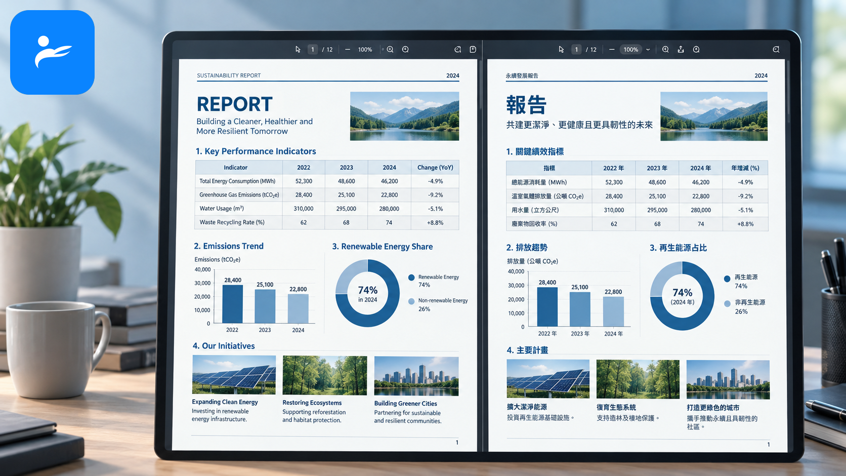 同一份包含表格與圖片的 PDF,左側為原文、右側為保留版面的繁體中文譯本
