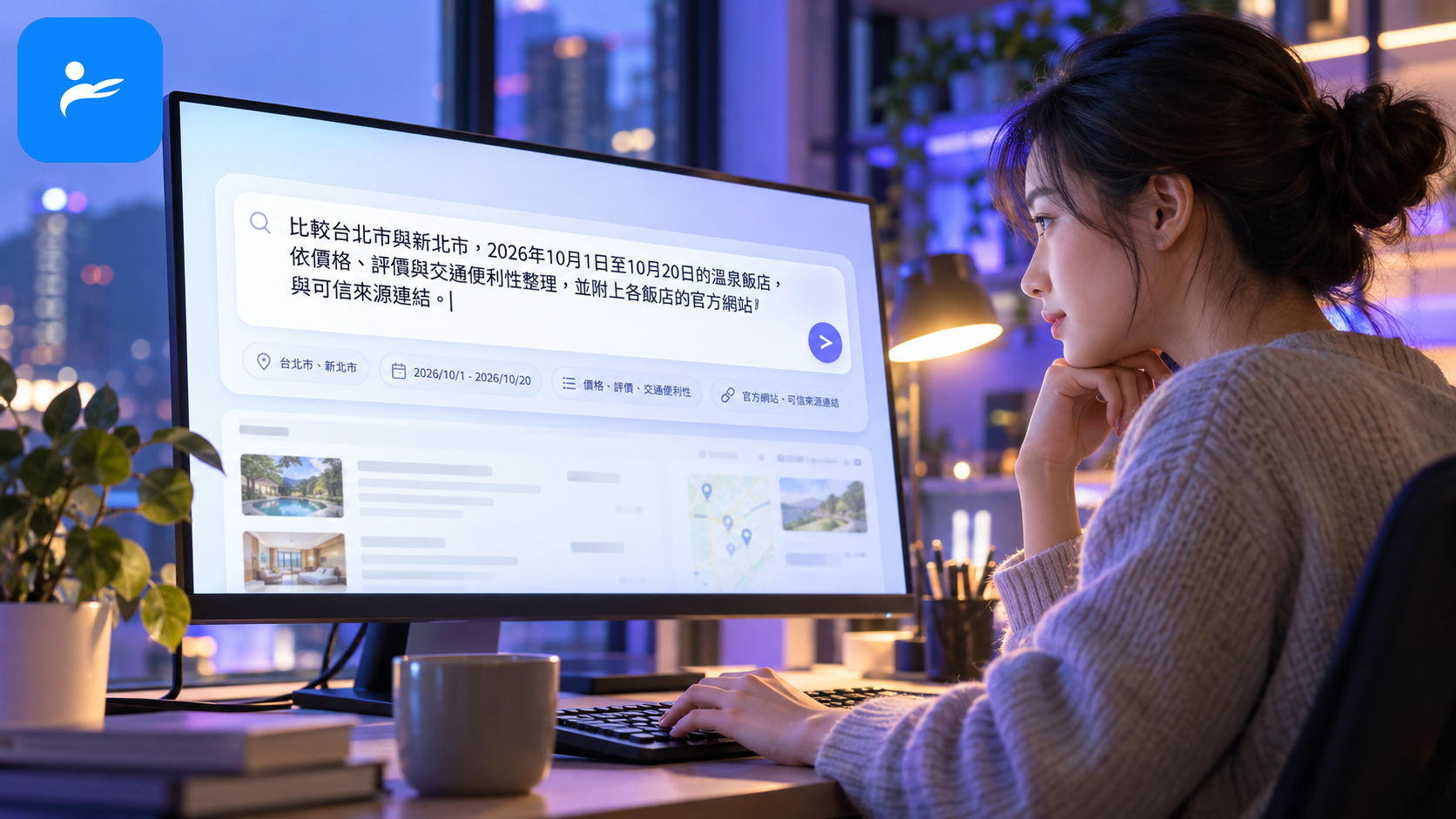 使用者在 AI 搜尋框輸入包含地區、日期、比較條件與來源要求的完整提示詞