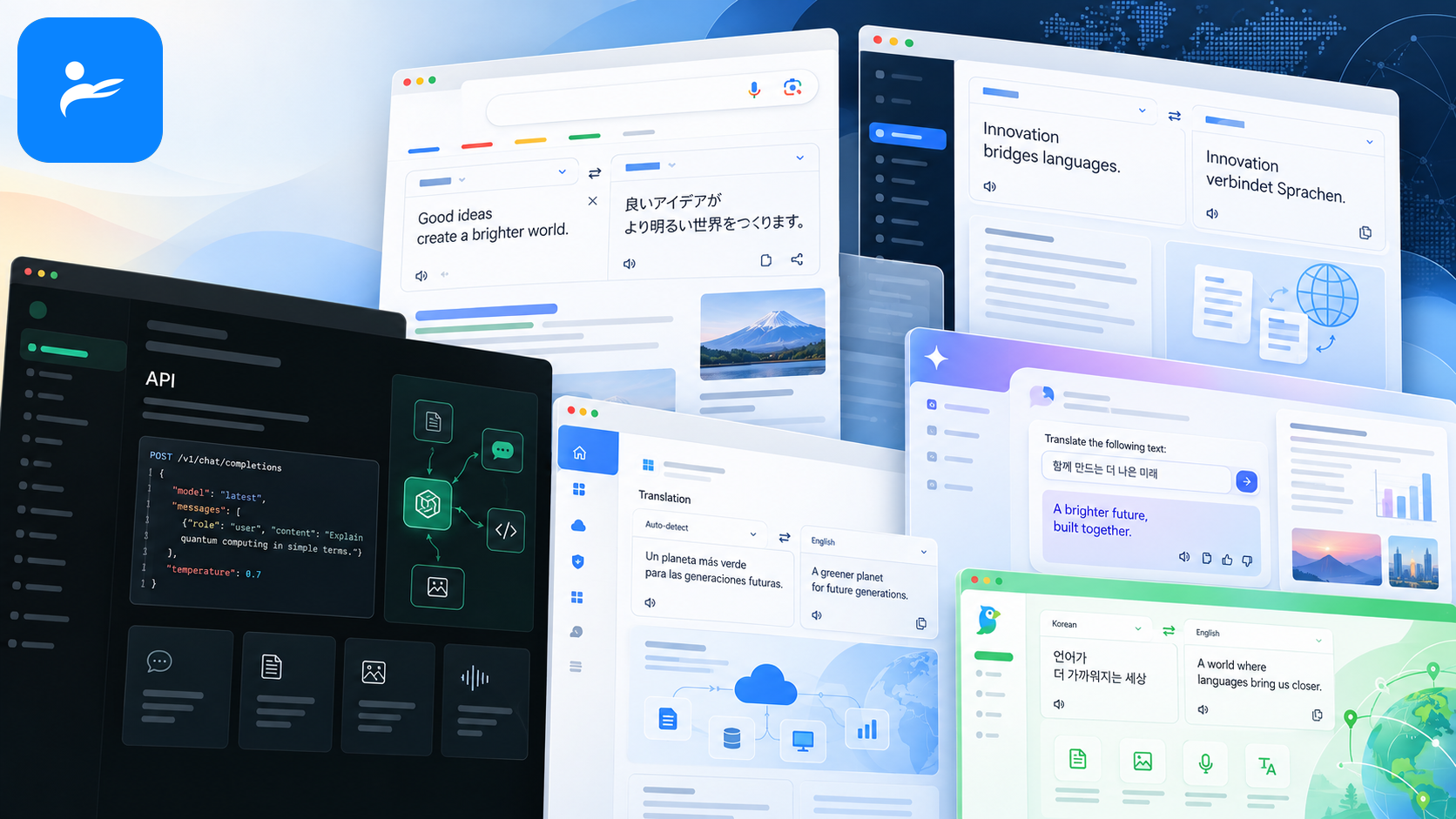 Google、DeepL、OpenAI、Microsoft、Gemini與Papago官方說明頁面組成的資料來源拼圖