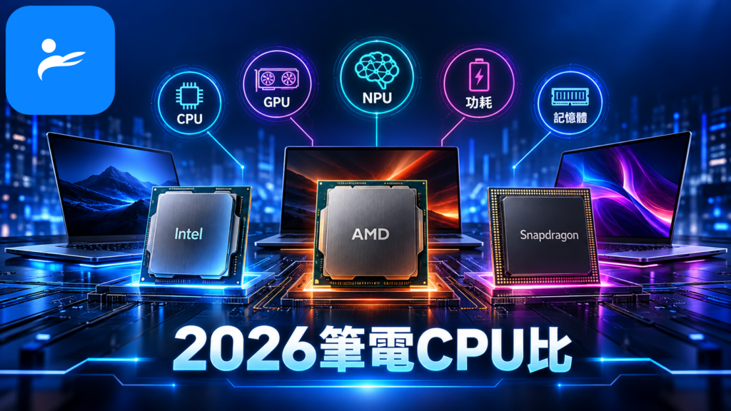 Intel、AMD與Snapdragon筆電處理器旁標示CPU、GPU、NPU、功耗與記憶體五項選購重點