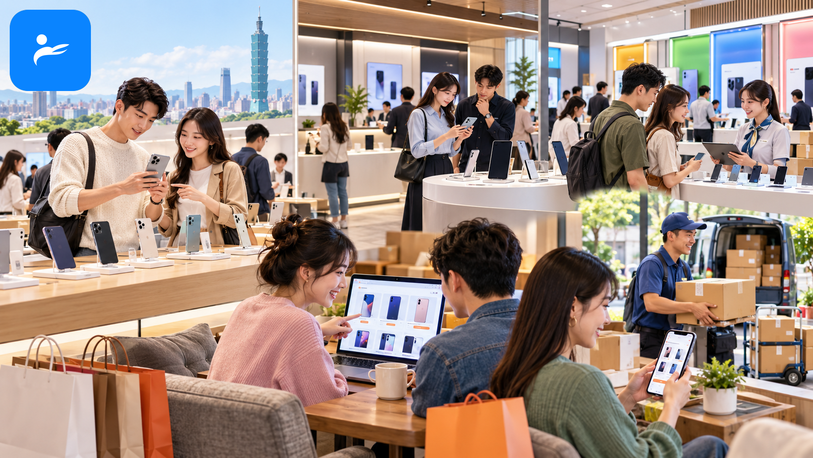 Apple Store、三星智慧館、PChome、momo、蝦皮商城與台灣電信門市購機管道