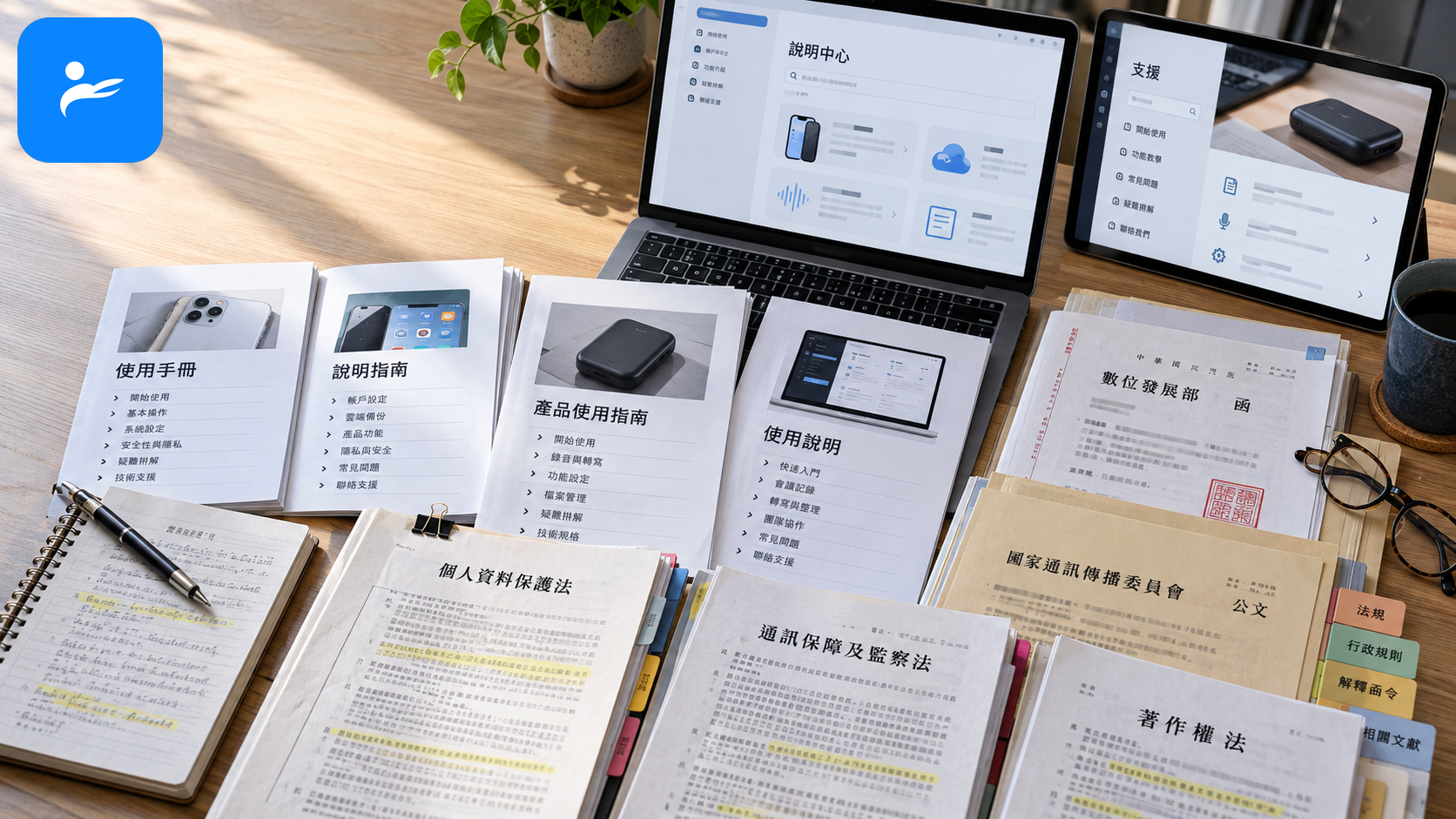 桌面上排列 Apple、Google、Plaud、Notta 官方說明與台灣法規資料