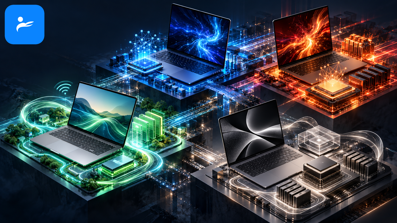 Intel Core Ultra、AMD Ryzen AI、Snapdragon X 與 Apple M 系列筆電處理器比較示意圖