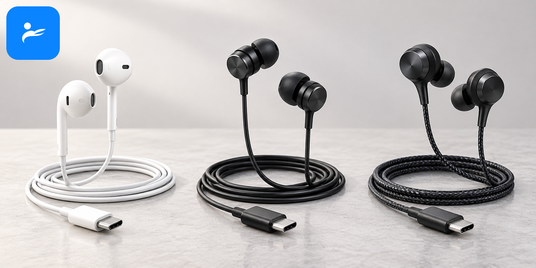 Apple EarPods USB-C、JBL Tune 310C 與 Samsung AKG Type-C 耳機並排比較