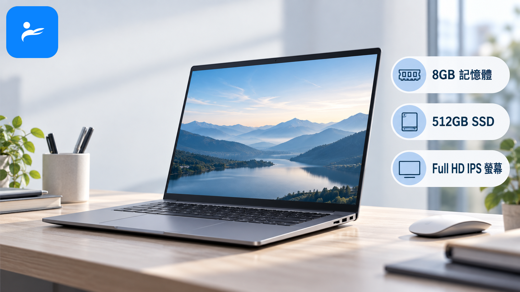 一台文書筆電旁列出8GB記憶體、512GB SSD與Full HD IPS螢幕等選購標準