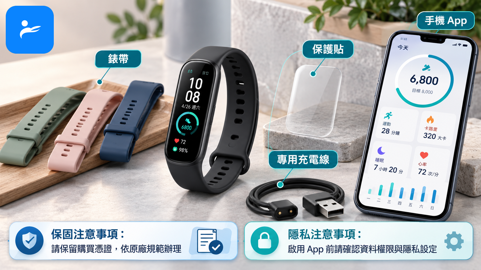 智慧手環錶帶、保護貼、專用充電線與手機 App 排列,標示保固及隱私注意事項