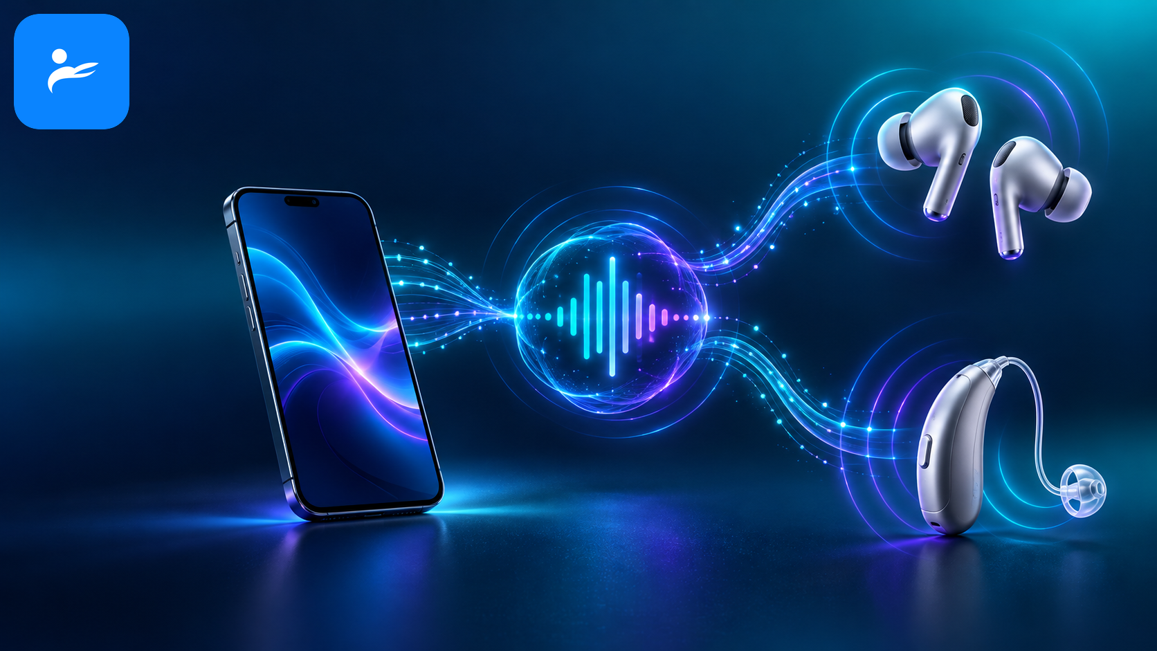 LC3 透過 Bluetooth LE Audio 連接手機、耳機與助聽裝置的示意圖