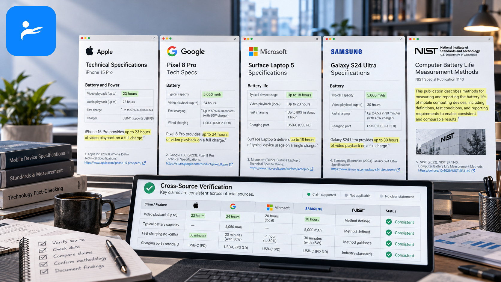 Apple、Google、Microsoft、Samsung 與 NIST 官方文件排列成資料查核畫面