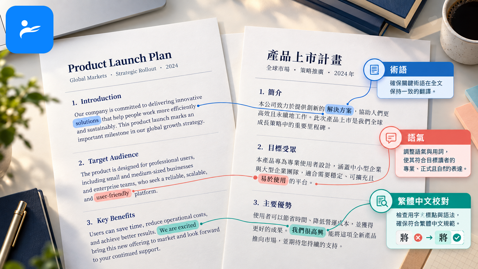 中英文文件並排顯示，畫面標出術語、語氣與繁體中文校對重點