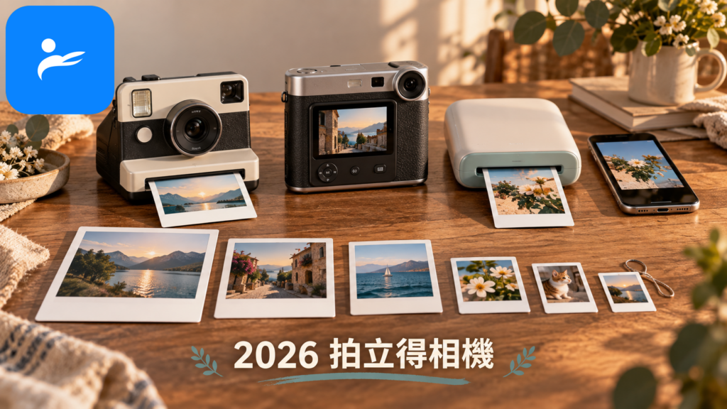 傳統拍立得、數位混合拍立得與手機相印機並排比較,桌上放有不同尺寸相紙