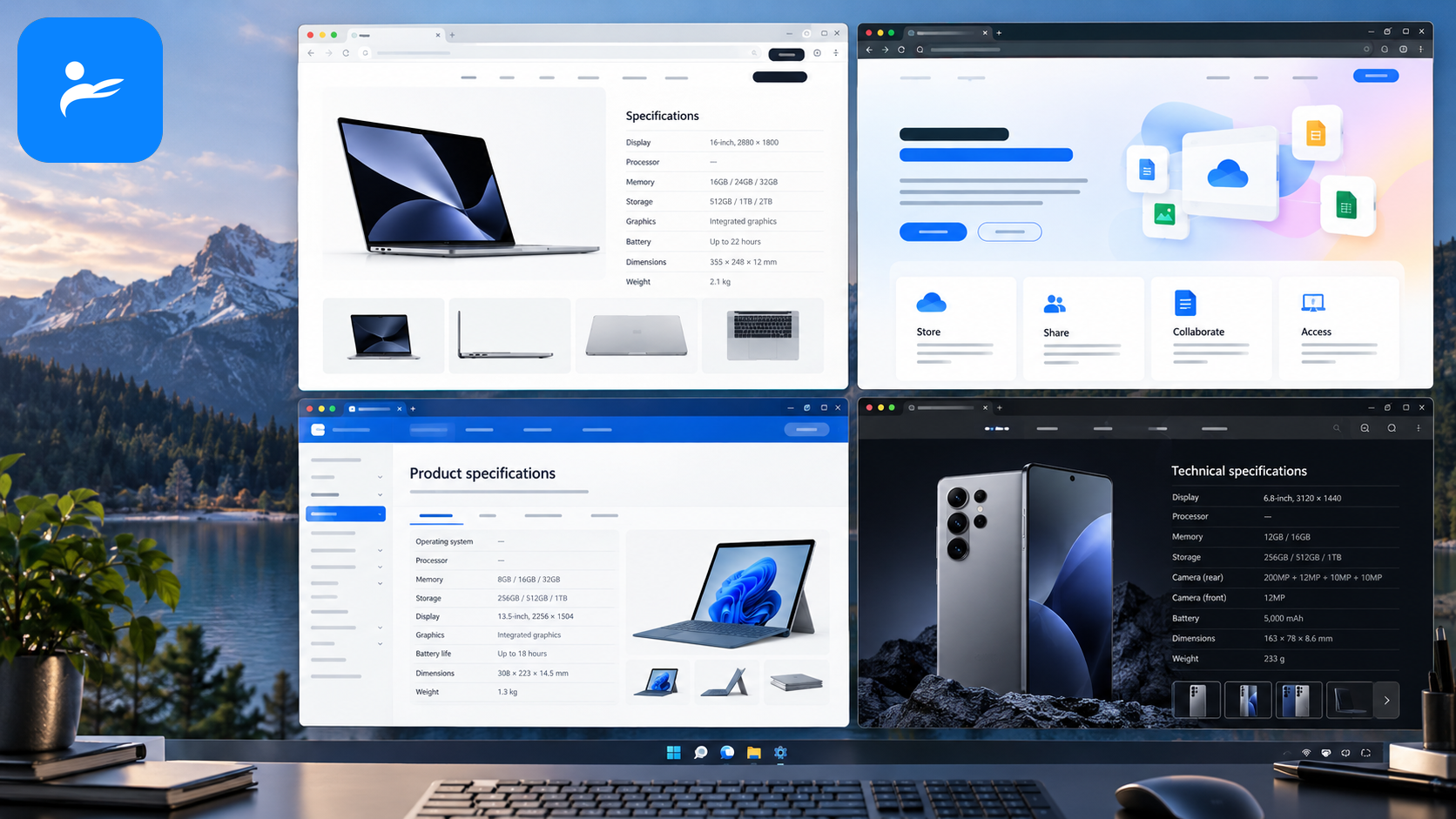 Apple、Google、Microsoft與Samsung官方網站資料頁面組成的參考來源畫面