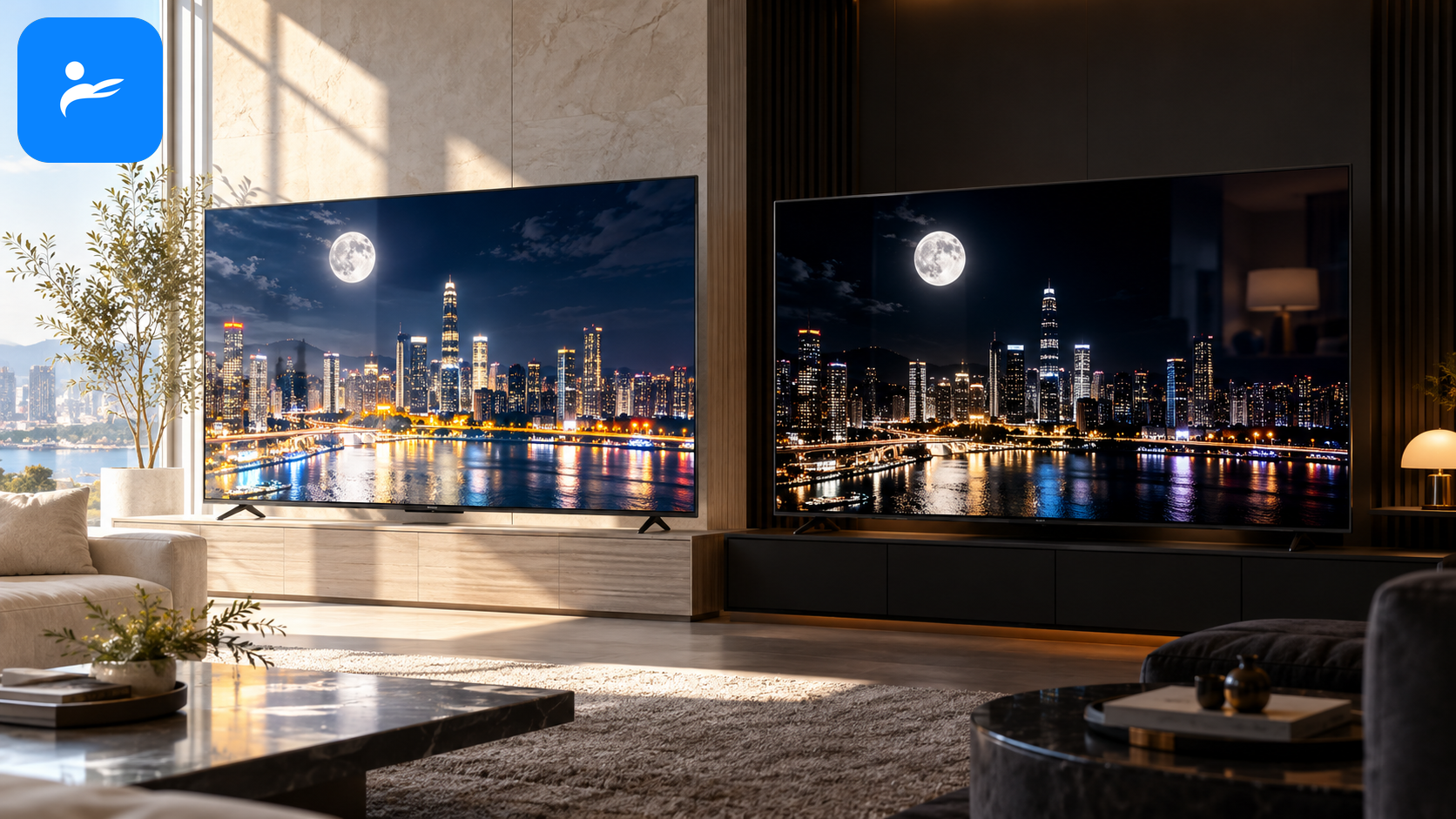 明亮客廳中的 Mini LED 與暗房 OLED 電視並排比較黑階、亮度及反光
