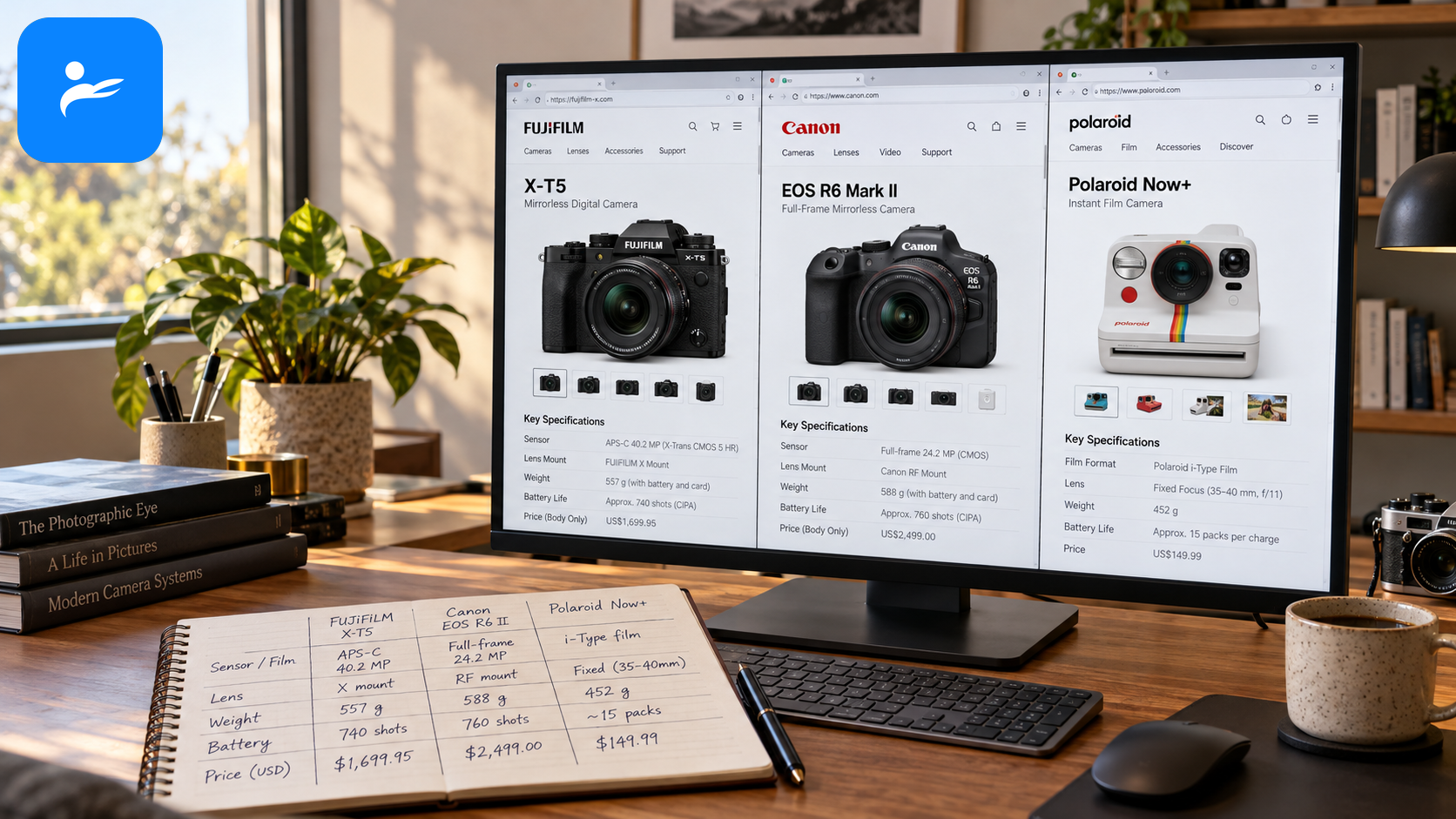 FUJIFILM、Canon 與 Polaroid 官方產品資料頁顯示於電腦螢幕,旁邊放有規格筆記