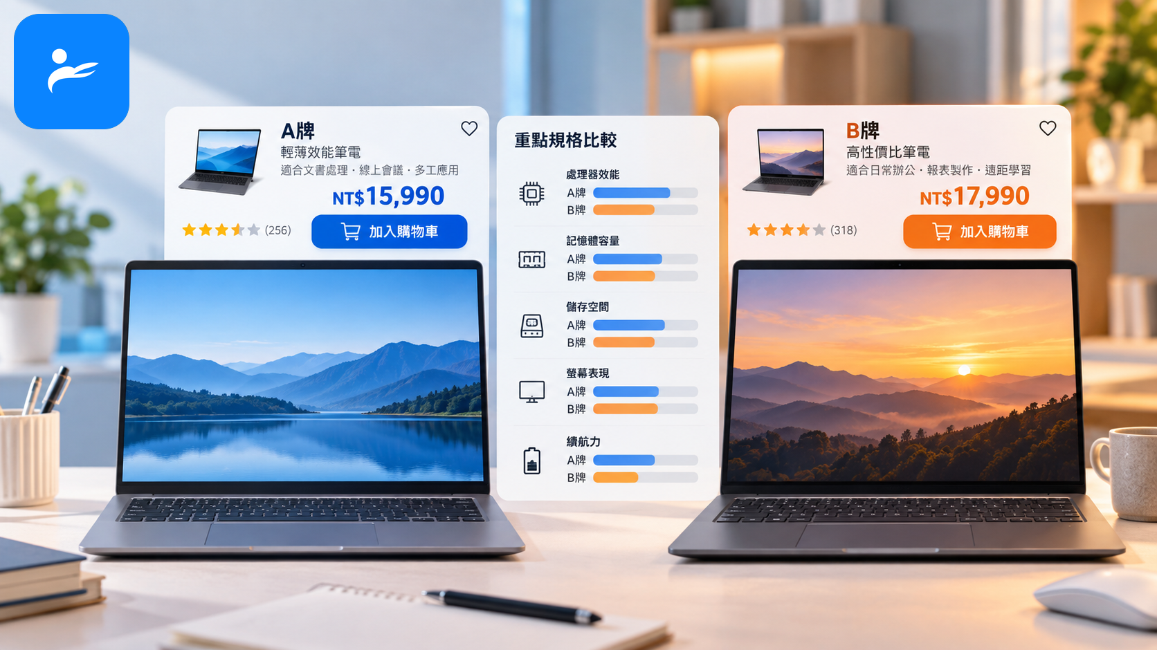 Acer與ASUS平價文書筆電在台灣電商頁面上的價格比較