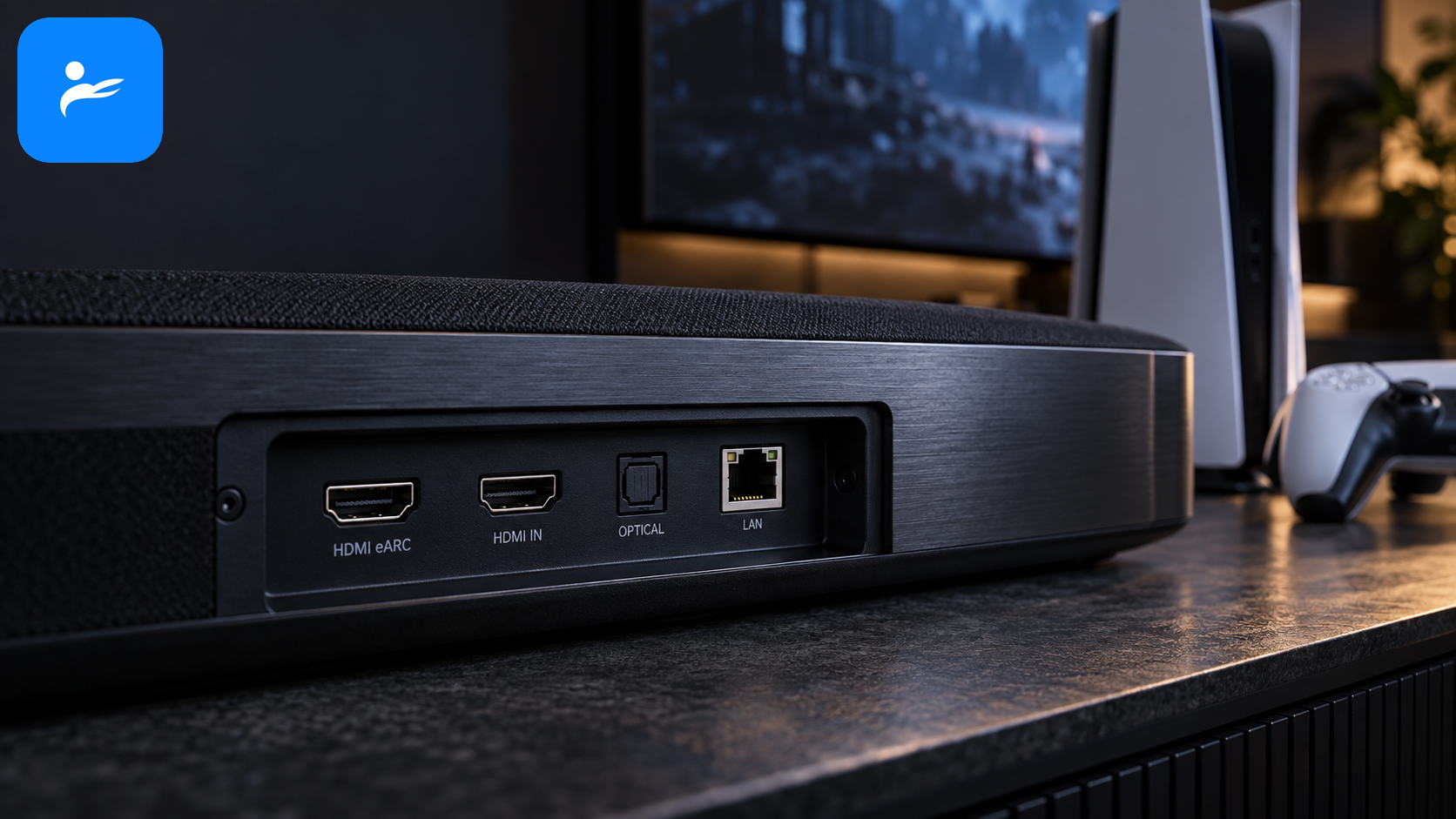 Soundbar 背板的 HDMI eARC、HDMI 輸入、光纖與網路端子特寫,旁邊放著遊戲主機