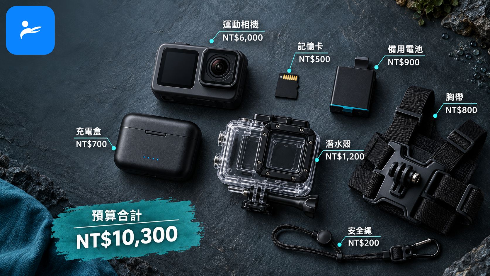 運動相機旁擺放記憶卡、備用電池、充電盒、潛水殼、胸帶與安全繩並標示預算