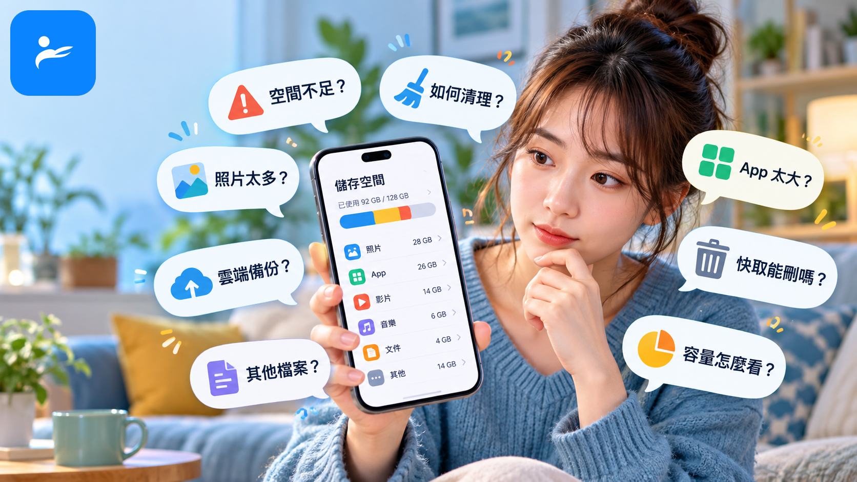 消費者查看手機儲存空間畫面,周圍排列八個常見問題對話框