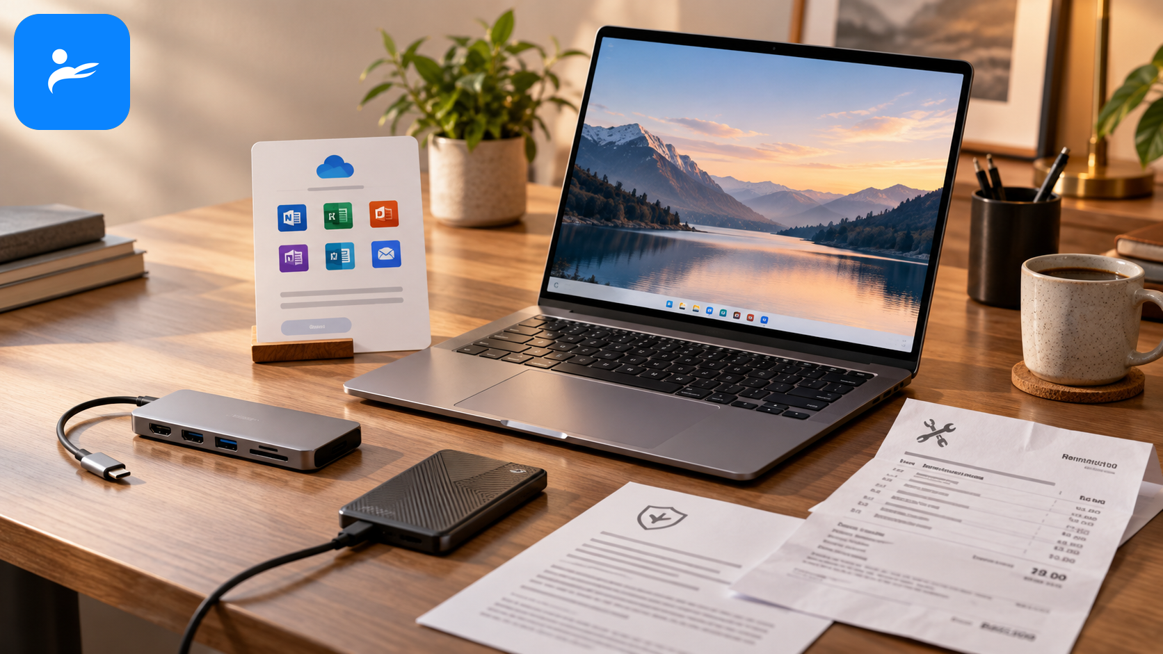 筆電旁擺放 Microsoft 365、轉接器、外接 SSD、保固與維修帳單，呈現隱含成本