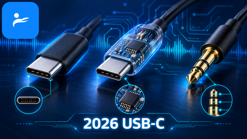 USB-C 耳機、內建 DAC 接頭與傳統 3.5mm 耳機插頭的結構比較圖