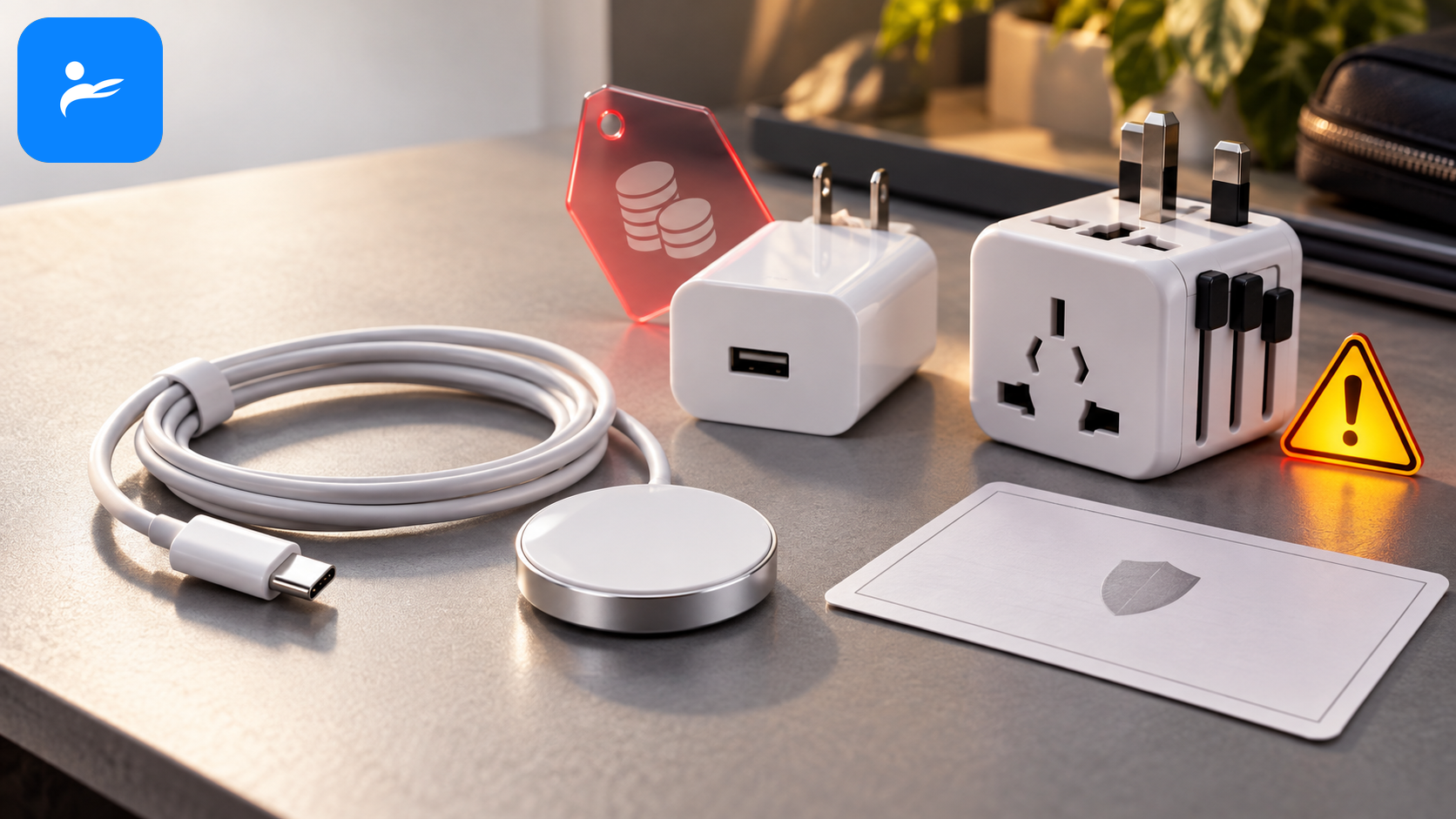 智慧手錶充電器旁放著未附的變壓器、旅行轉接頭與保固卡，提醒隱藏成本及安全風險