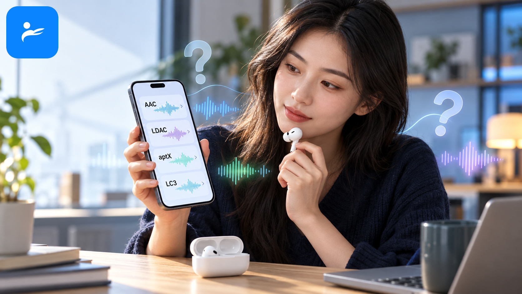 消費者拿著手機與藍牙耳機查看 AAC、LDAC、aptX、LC3 常見問題