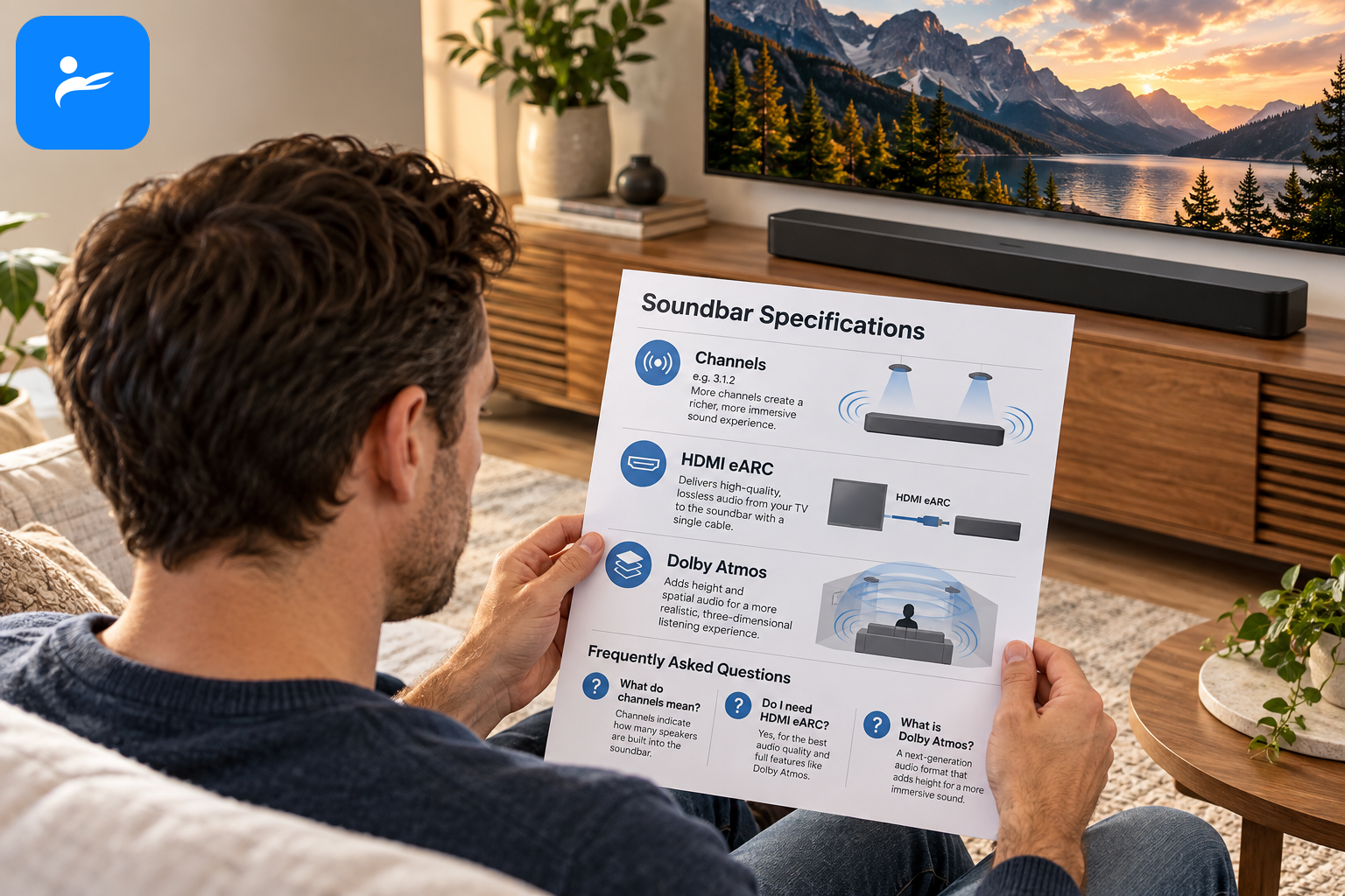 消費者拿著 Soundbar 規格表,查看聲道、HDMI eARC 與 Dolby Atmos 常見問題