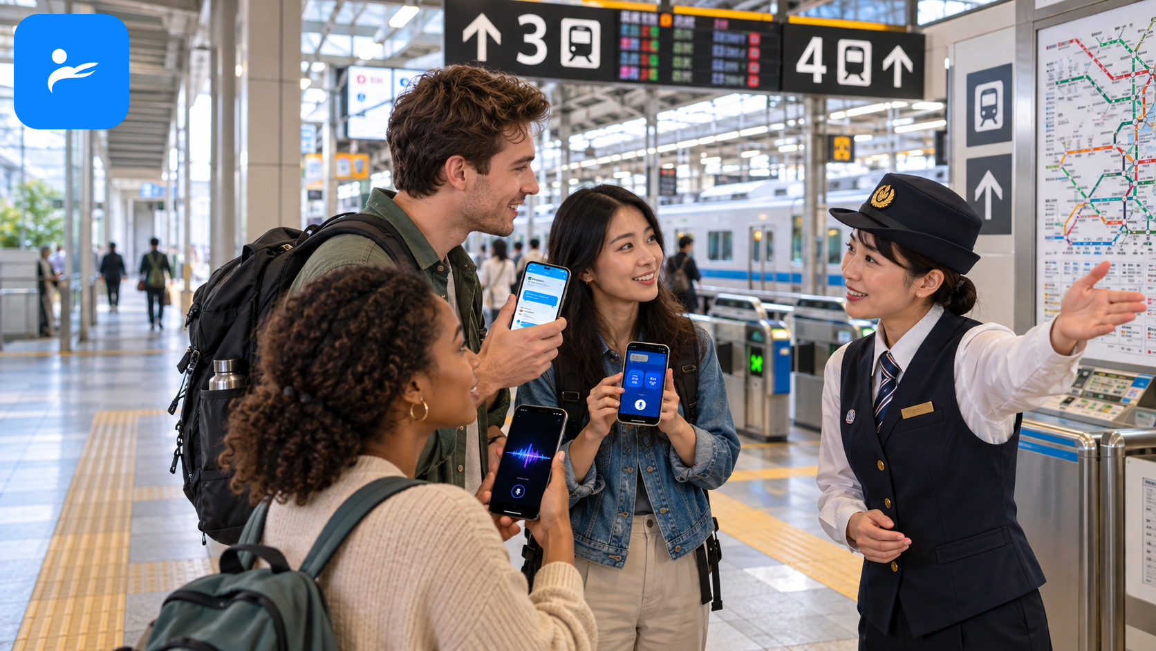 旅客在日本車站分別使用 Google 翻譯、Microsoft Translator 與 AI 語音模式問路