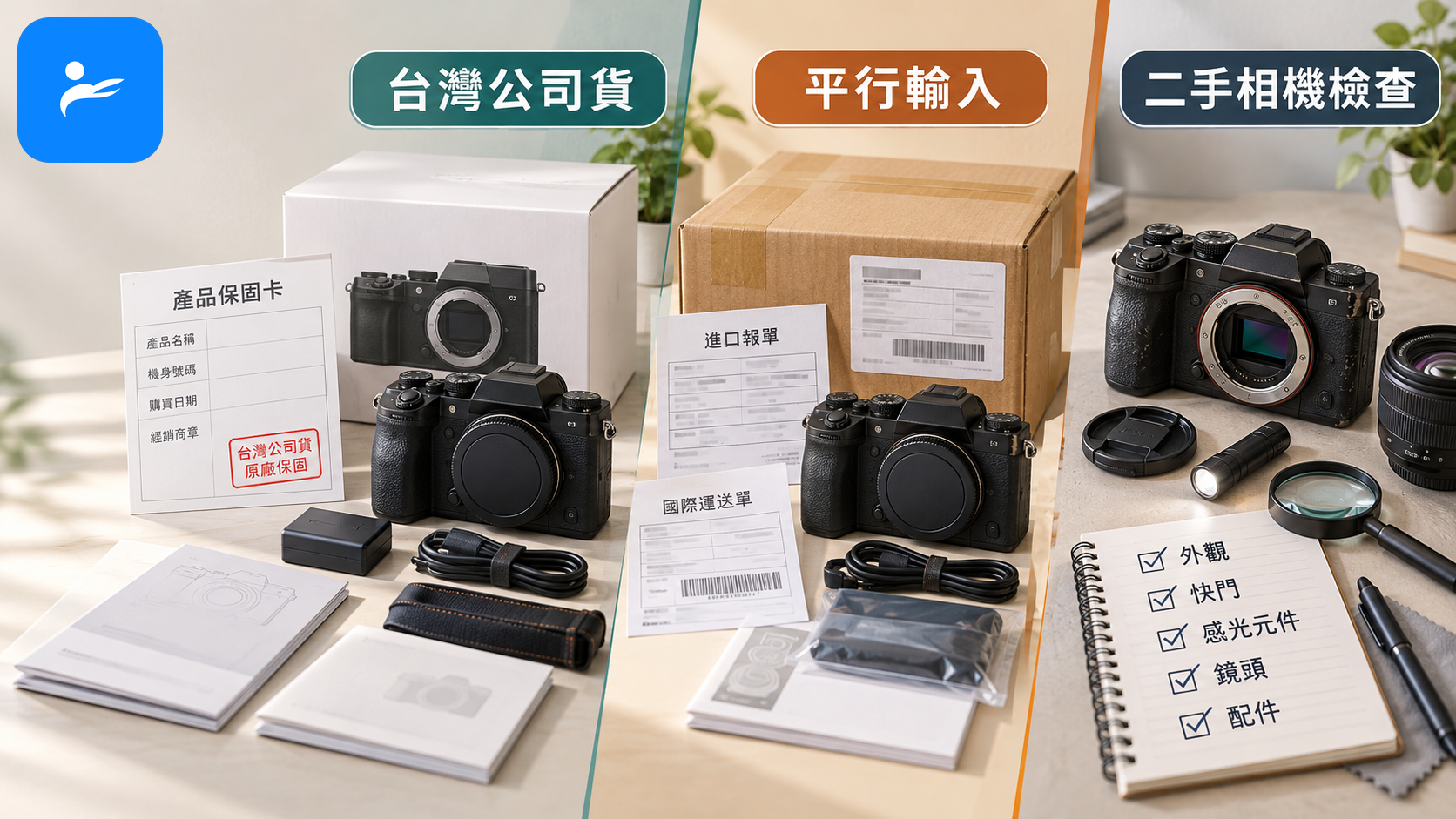 台灣公司貨保固卡、平行輸入相機與二手相機檢查清單的比較畫面