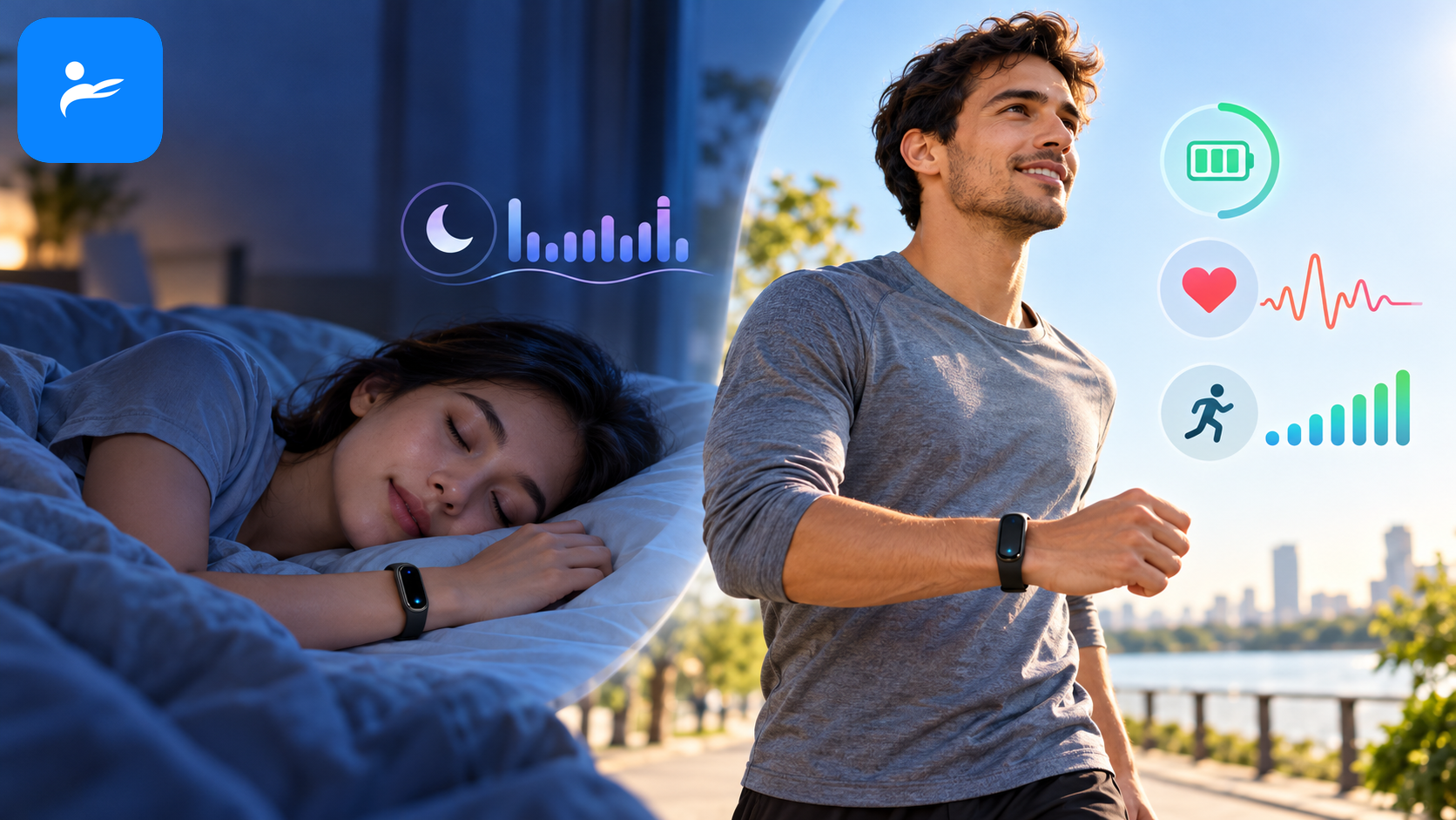 輕巧智慧手環戴在睡眠者與健走者手上,旁邊顯示長續航與健康紀錄