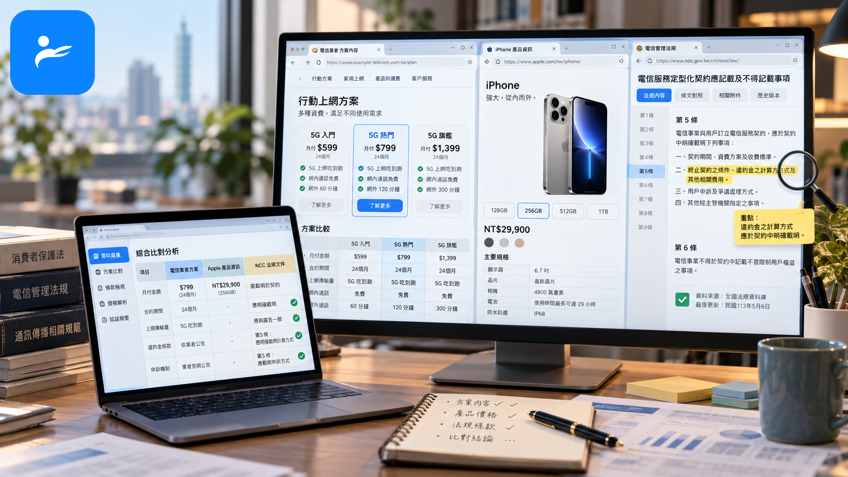台灣電信業者官方網站、Apple 台灣官網與 NCC 契約資料的資料查核畫面