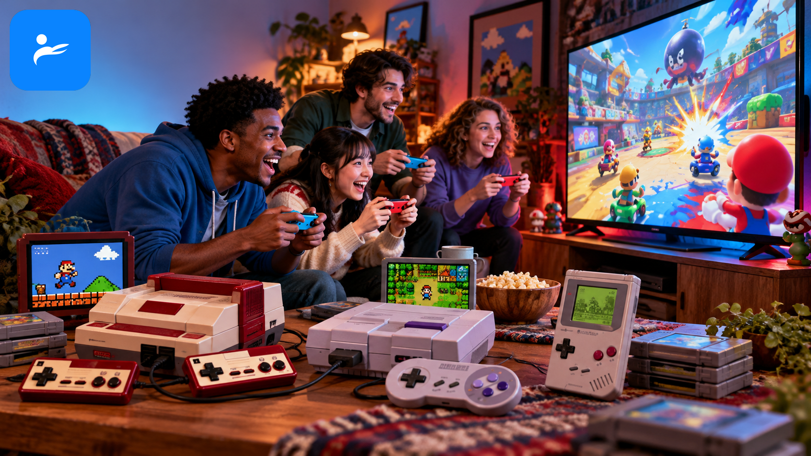 Nintendo Switch 玩家連線對戰,旁邊顯示紅白機、超級任天堂與 Game Boy 經典遊戲
