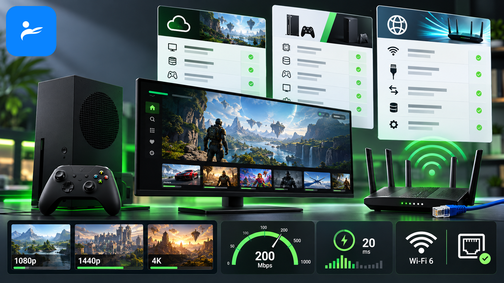 GeForce NOW、Xbox 與網路規格官方資料頁面整理示意圖