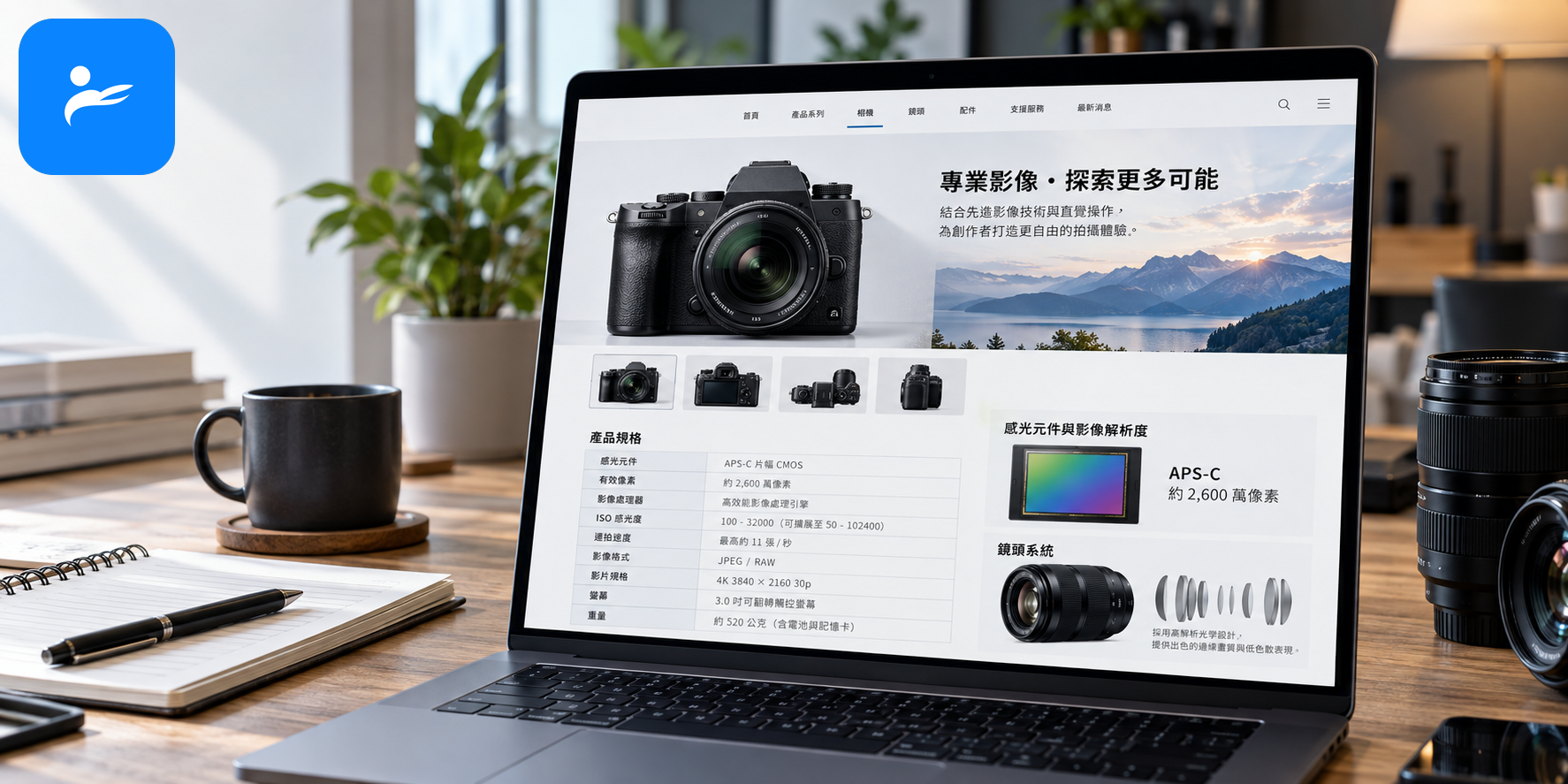 台灣相機品牌官方網站與規格資料頁顯示在筆電螢幕上