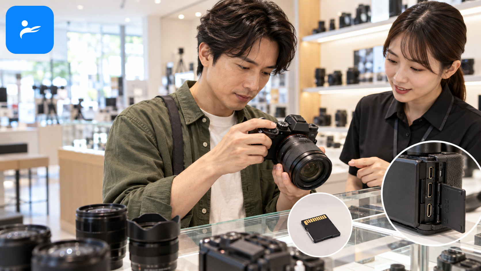 買家在明亮相機店逐項測試機身按鍵、鏡頭、記憶卡與連接埠