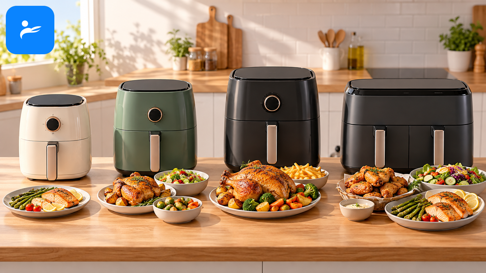3L、4.5L、6L與雙槽氣炸鍋並排,旁邊放置對應人數的料理份量