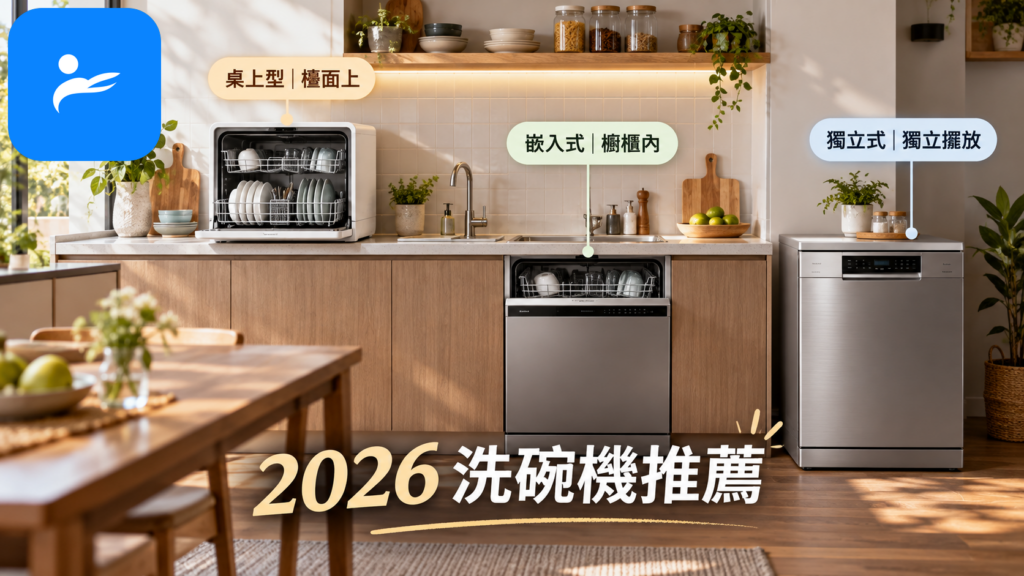 台灣家庭廚房中並排展示桌上型、嵌入式與獨立式洗碗機,標示三者安裝位置差異