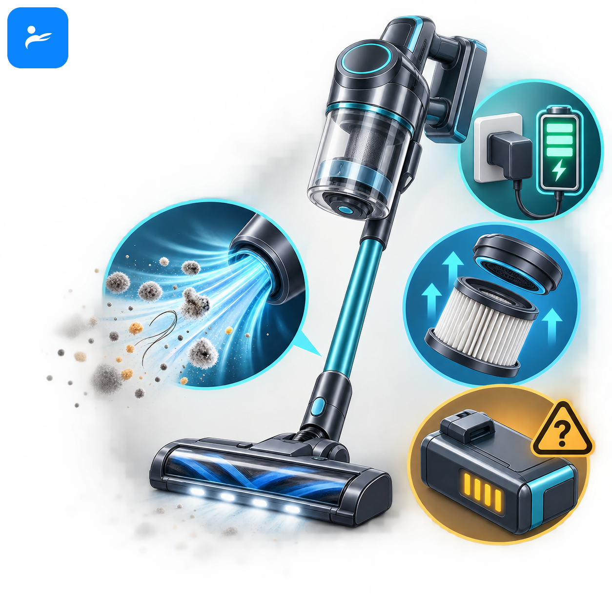 無線吸塵器吸力、充電、濾網與電池問題的 FAQ 圖示
