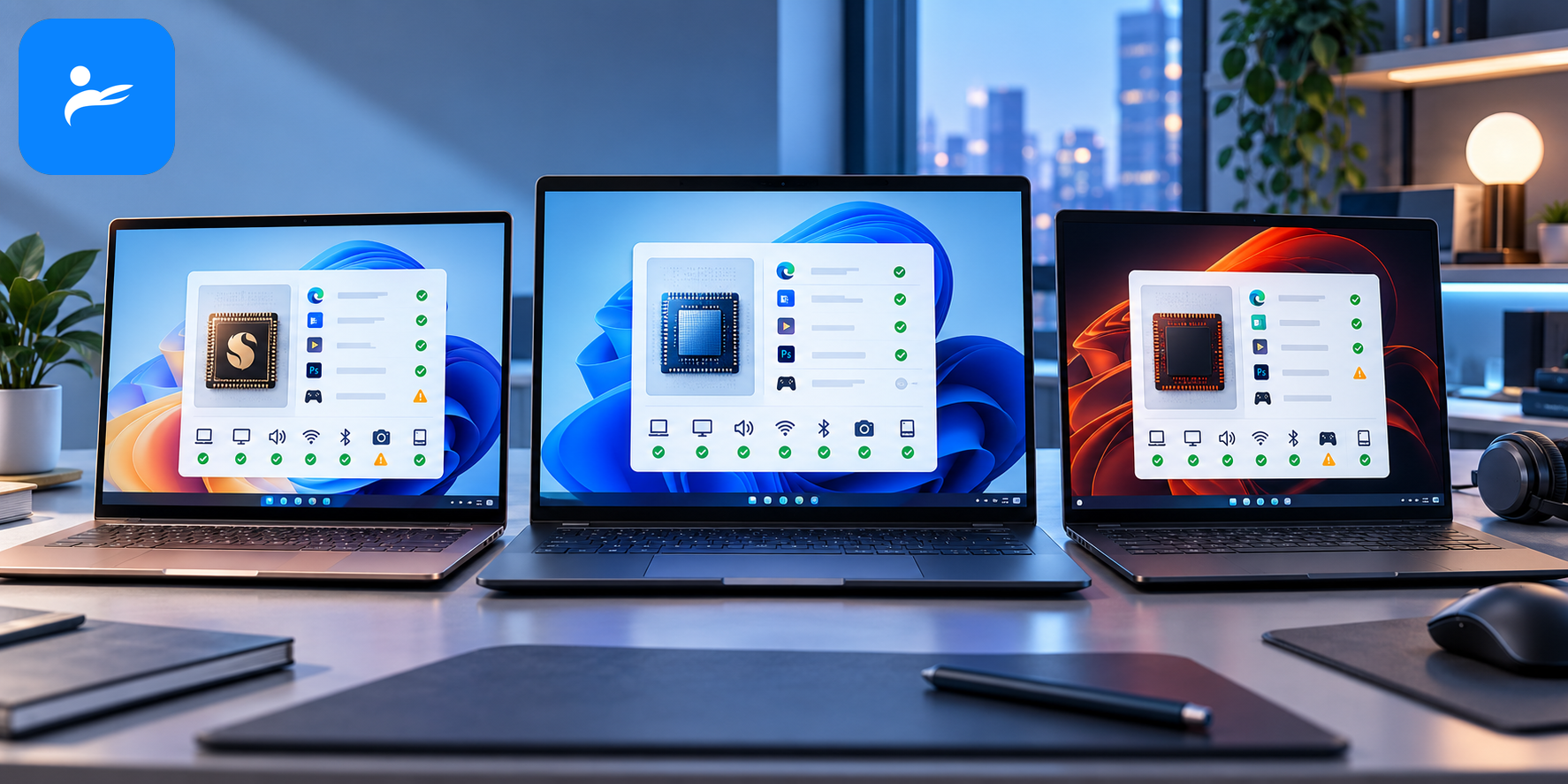 Snapdragon ARM 筆電與 Intel、AMD Windows 筆電並排，畫面顯示軟體與驅動相容性檢查