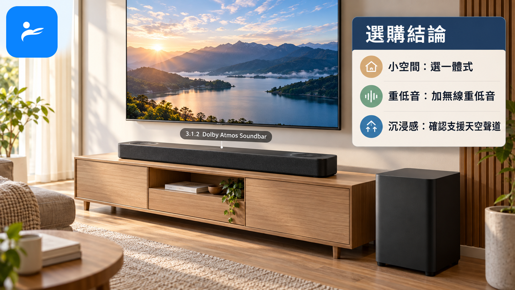 3.1.2 Dolby Atmos Soundbar 放在台灣家庭電視櫃上,旁邊呈現清楚的選購結論