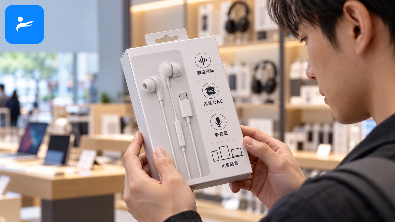 消費者查看 USB-C 耳機包裝上的數位音訊、DAC、麥克風與相容裝置標示