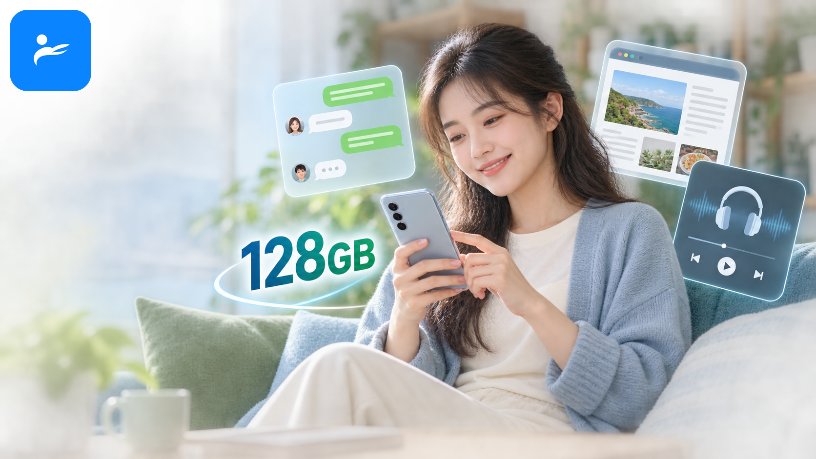 輕度手機使用者操作 LINE、瀏覽網頁與串流音樂,旁邊顯示 128GB 容量